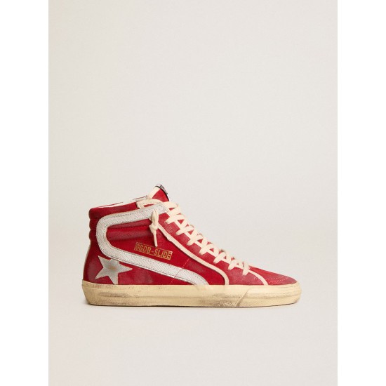 Slide in red suede with silver star and lizard print flash