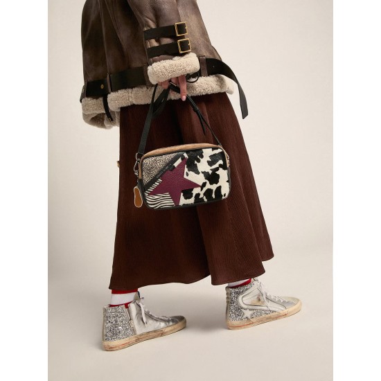 Women's Slide with laminated leather upper and silver glitter