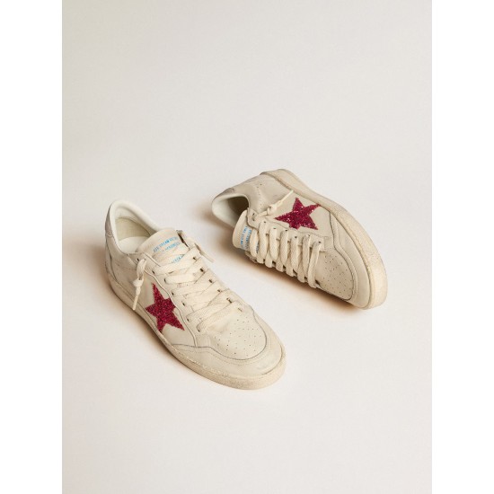 Ball Star LTD with fuchsia glitter star and light gray suede heel tab