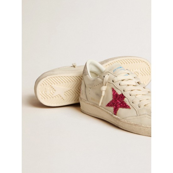 Ball Star LTD with fuchsia glitter star and light gray suede heel tab