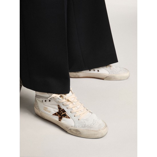 Women's Mid Star LTD in white nylon with leopard print pony skin star