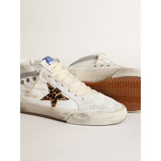 Women's Mid Star LTD in white nylon with leopard print pony skin star