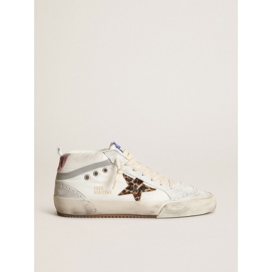 Women's Mid Star LTD in white nylon with leopard print pony skin star