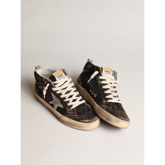 Women's Mid Star in black glitter with dove-gray suede star and heel tab