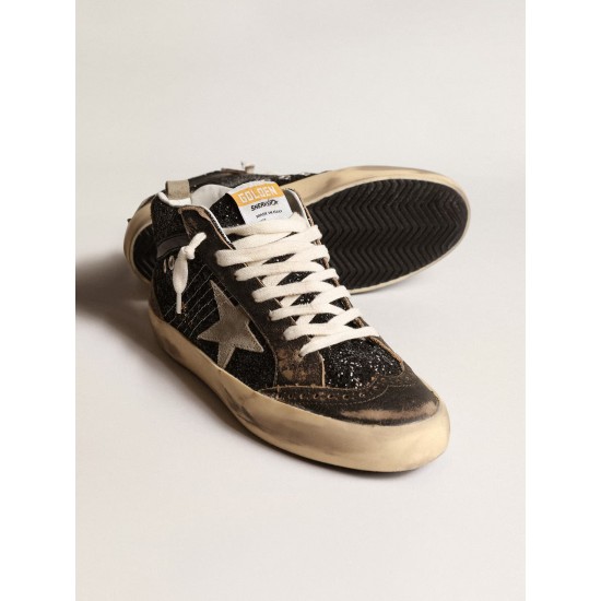 Women's Mid Star in black glitter with dove-gray suede star and heel tab