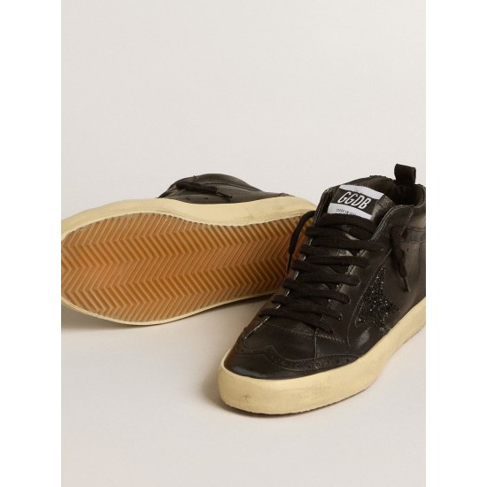 Women's Mid Star in black nappa with black glitter star and suede flash