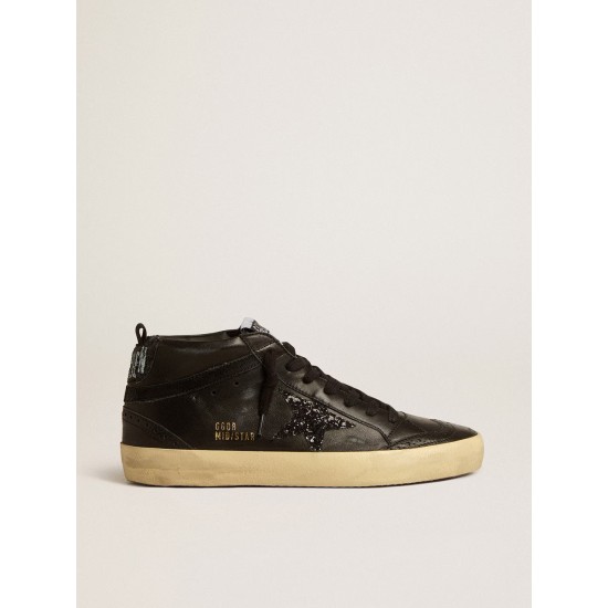 Women's Mid Star in black nappa with black glitter star and suede flash