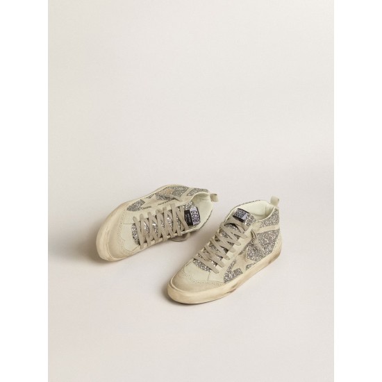 Mid Star in silver glitter with ice-gray suede star and flash