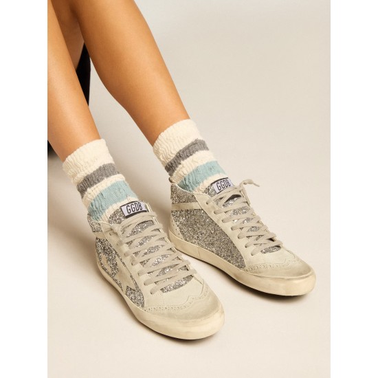 Mid Star in silver glitter with ice-gray suede star and flash