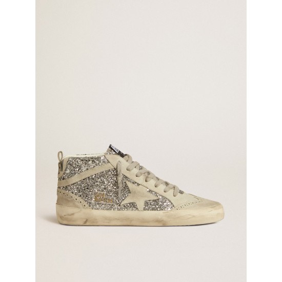 Mid Star in silver glitter with ice-gray suede star and flash