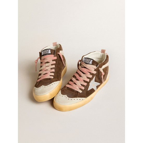 Mid Star LTD in brown suede with silver nappa leather star and cream flash