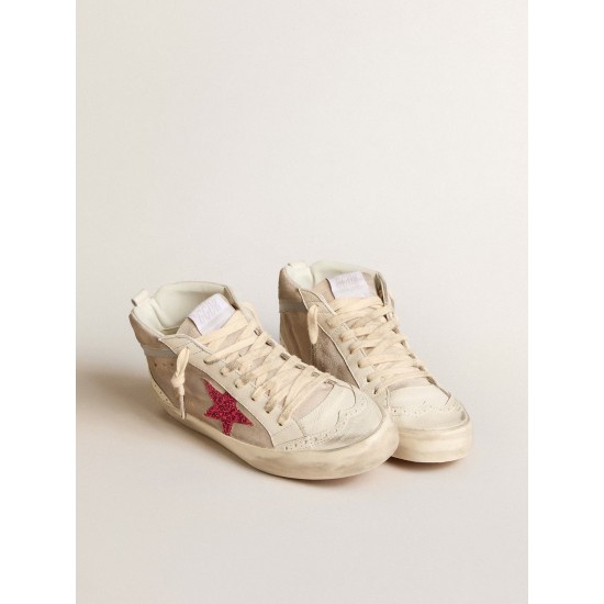 Mid Star in suede with fuchsia glitter star and gray leather flash