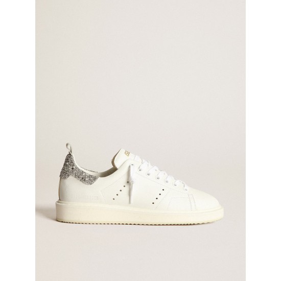 Starter sneakers in white leather with silver glitter heel tab