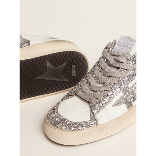 Women's Stardan in white leather and glitter