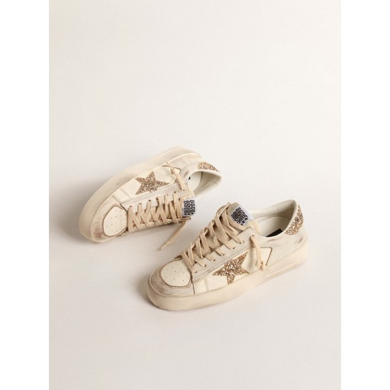 Stardan in ecru nappa leather with gold glitter star and heel tab