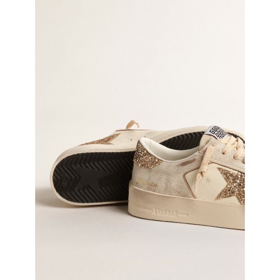 Stardan in ecru nappa leather with gold glitter star and heel tab