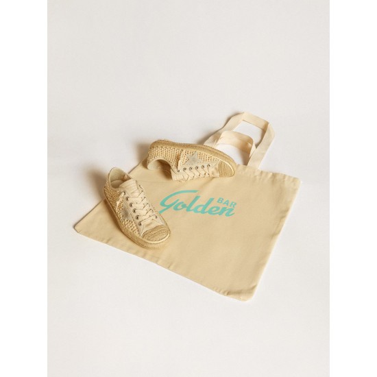 Women's V-Star in canvas with all-over pearls and raffia