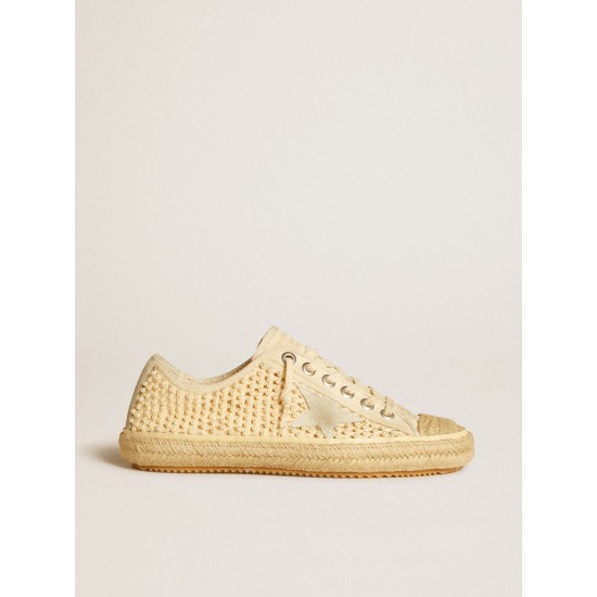 Women's V-Star in canvas with all-over pearls and raffia