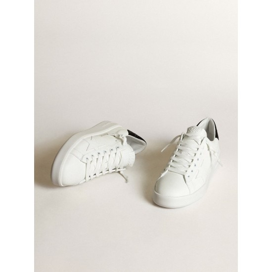 Purestar in white leather with tone-on-tone star and heel tab in black Swarovski crystals