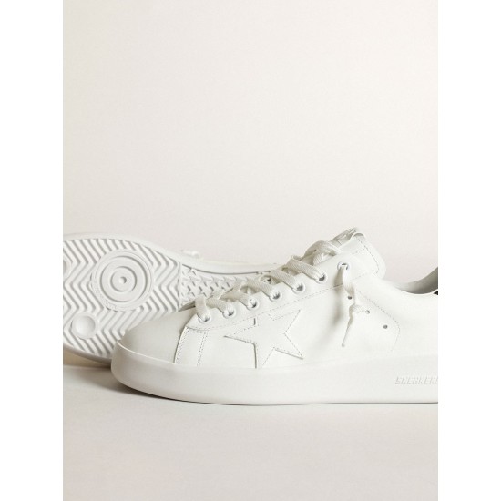 Purestar in white leather with tone-on-tone star and heel tab in black Swarovski crystals