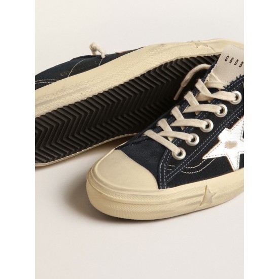 V-Star in navy-blue canvas with a silver laminated leather star
