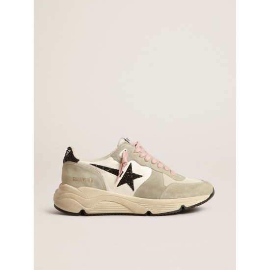 Running Sole with gray suede inserts and black glitter star