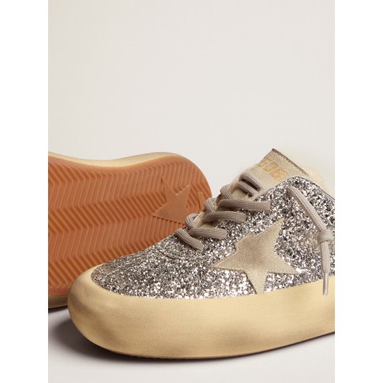 Women's Space-Star Sabot in silver glitter and shearling lining
