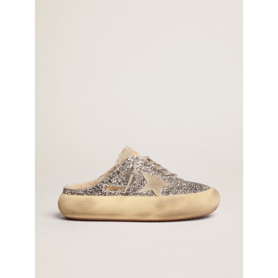 Women's Space-Star Sabot in silver glitter and shearling lining