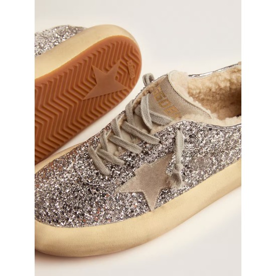 Women's Space-Star shoes in silver glitter with shearling lining