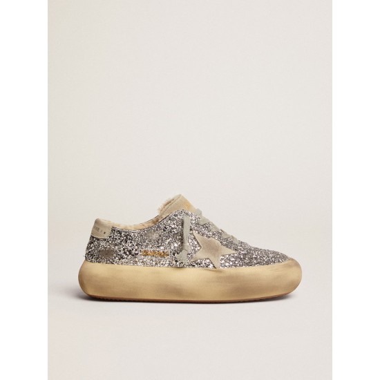 Women's Space-Star shoes in silver glitter with shearling lining