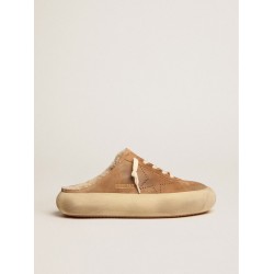 Women's Space-Star Sabot shoes in tobacco-colored suede with shearling lining