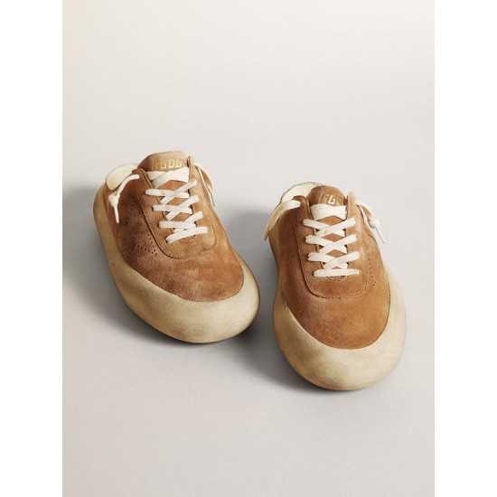 Women's Space-Star Sabot in tobacco-colored suede with perforated star
