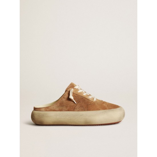 Women's Space-Star Sabot in tobacco-colored suede with perforated star