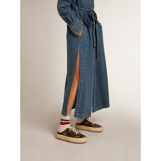 Women's Space-Star Sabot in leopard print pony skin with black star