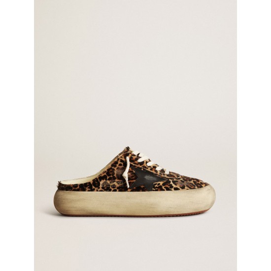 Women's Space-Star Sabot in leopard print pony skin with black star