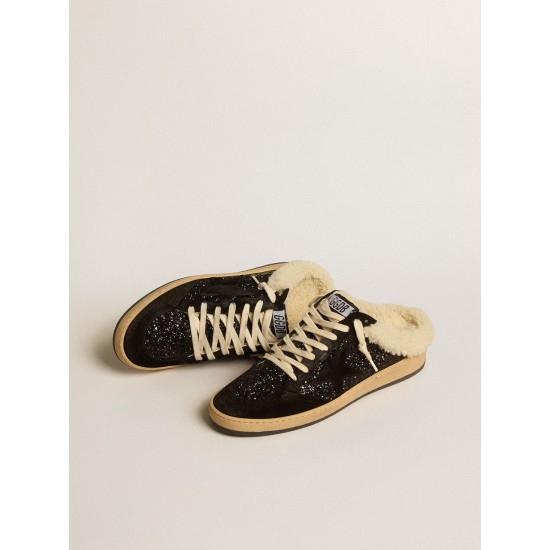 Ball Star Sabots in black glitter with black star and shearling lining