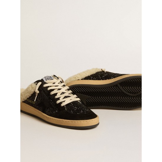 Ball Star Sabots in black glitter with black star and shearling lining
