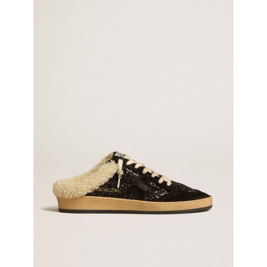 Ball Star Sabots in black glitter with black star and shearling lining