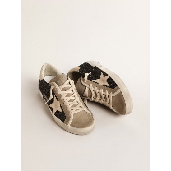 Super-Star in black glitter with cream star and suede inserts