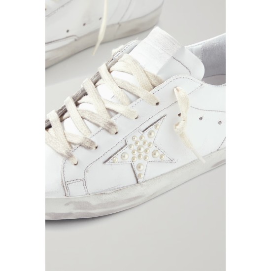 Superstar faux pearl-embellished distressed leather sneakers