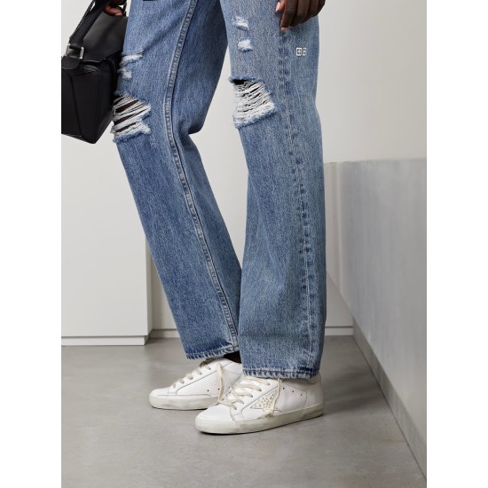 Superstar faux pearl-embellished distressed leather sneakers