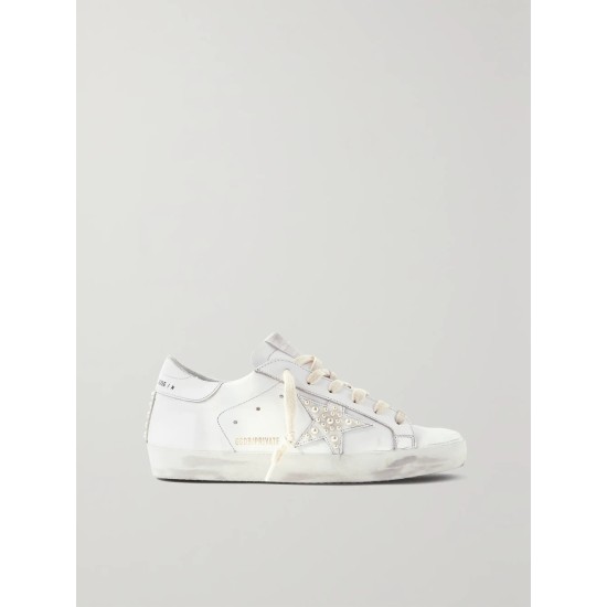 Superstar faux pearl-embellished distressed leather sneakers