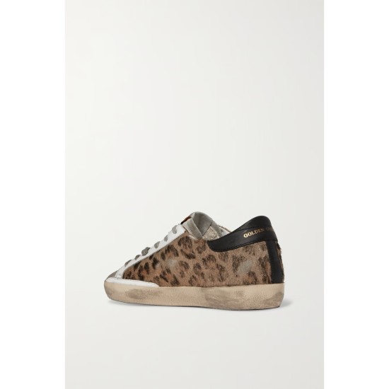 Superstar distressed leopard-print calf hair, leather and suede sneakers