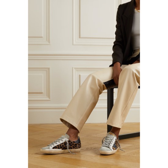 Superstar distressed leopard-print calf hair, leather and suede sneakers