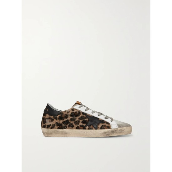 Superstar distressed leopard-print calf hair, leather and suede sneakers