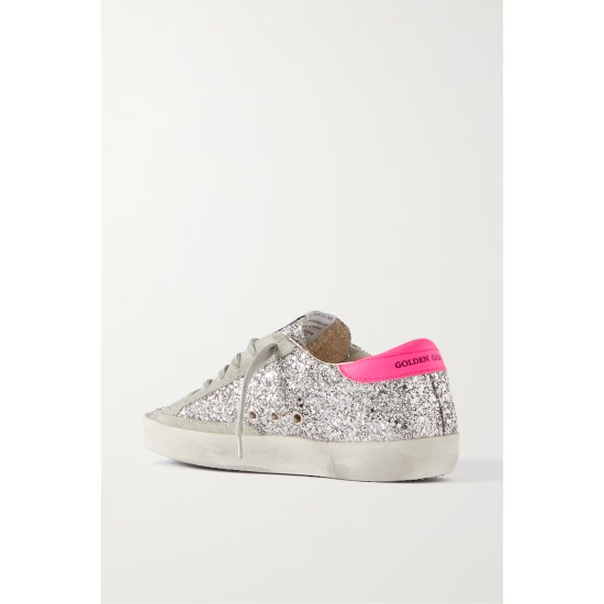 Superstar glittered distressed leather and suede sneakers