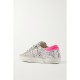 Superstar glittered distressed leather and suede sneakers