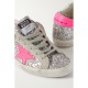 Superstar glittered distressed leather and suede sneakers