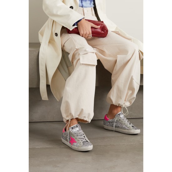 Superstar glittered distressed leather and suede sneakers