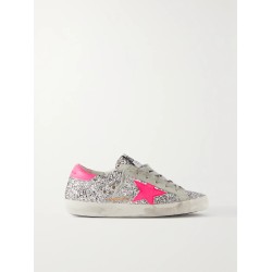 Superstar glittered distressed leather and suede sneakers